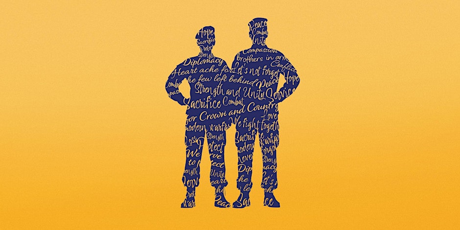 graphic of two soldiers in silhouette with words written across them